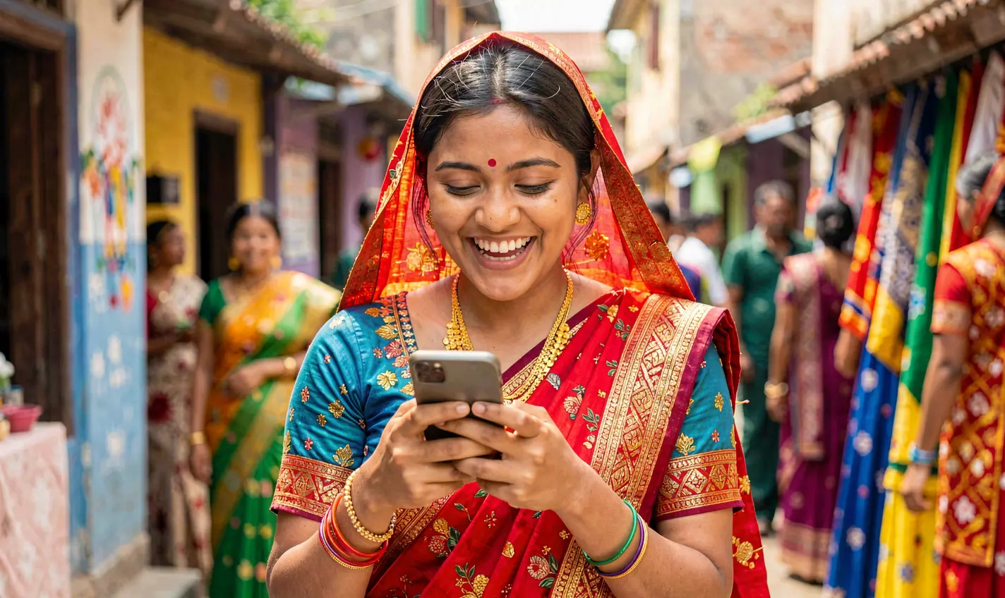 Smiling Bangladeshi woman in traditional attire enjoying the KASH777 mobile casino app on her smartphone