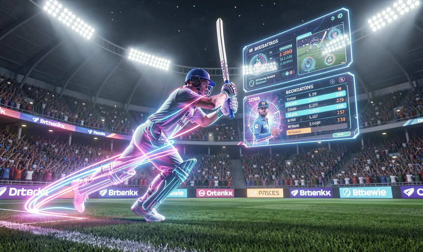 Energetic cricket betting scene with a glowing player and dynamic interface elements highlighting fast sports betting on KASH777 in Bangladesh