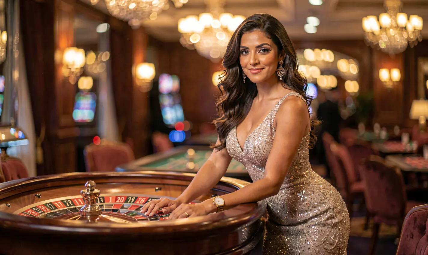 Elegant casino model in a shimmering evening dress standing by a roulette table inside a luxury KASH777 casino atmosphere for players in Bangladesh