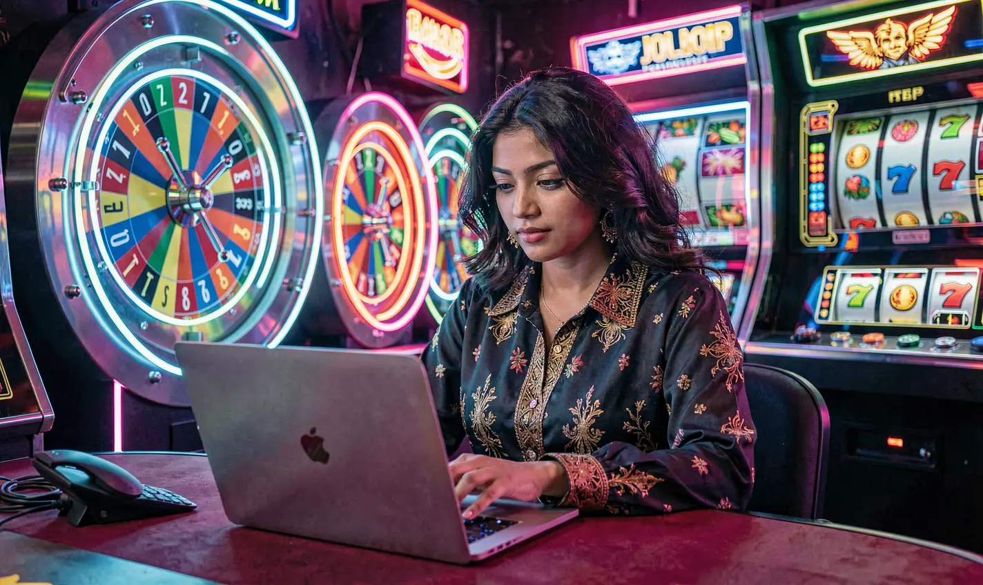 Elegant woman playing online casino games on a laptop with glowing roulette wheels in the background showcasing the immersive KASH777 gaming experience for Bangladesh