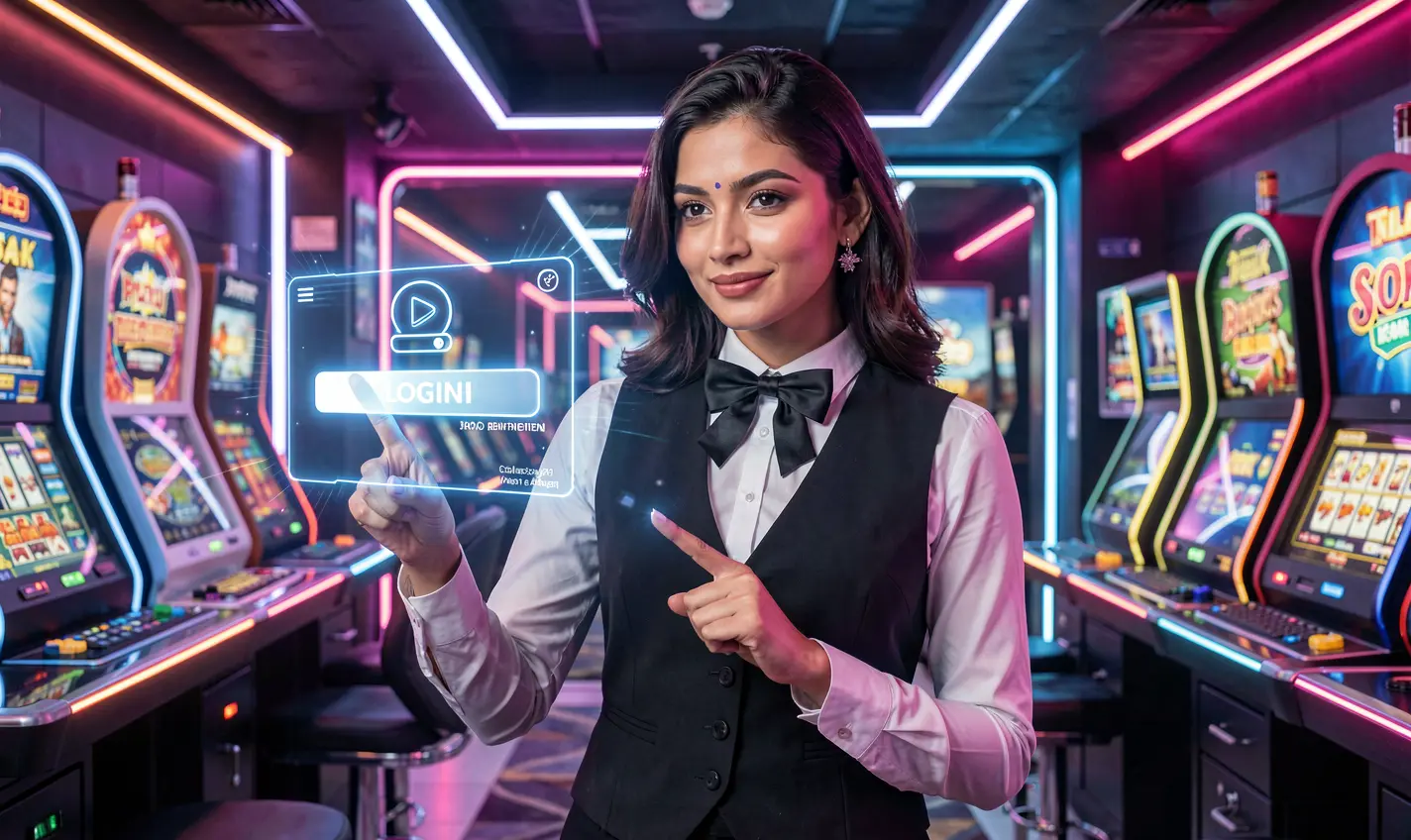 Professional Bangladeshi casino dealer pointing forward with a glowing login button beside her representing secure access at KASH777