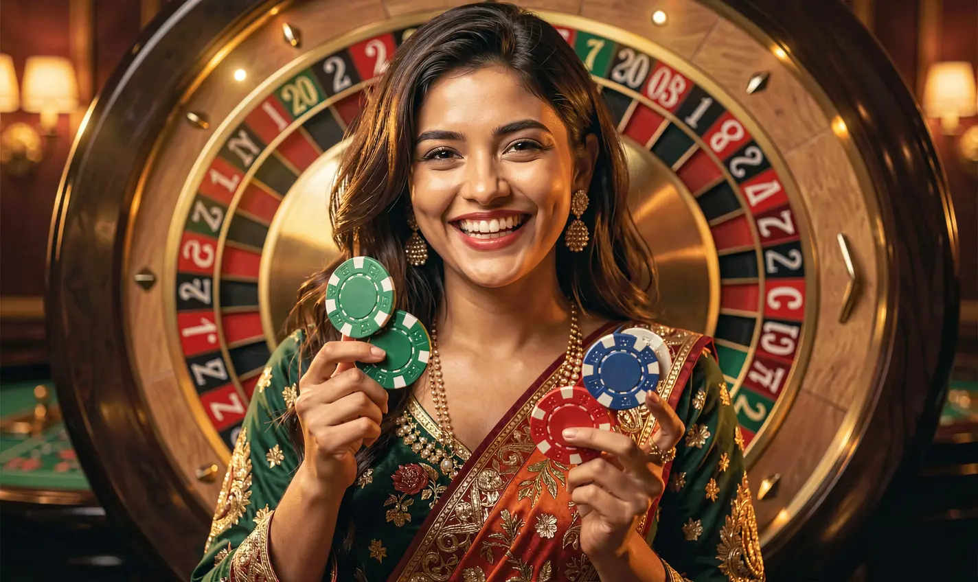 Stylish casino woman holding poker chips in front of a glowing roulette wheel highlighting the thrill and elegance of KASH777 online casino in Bangladesh