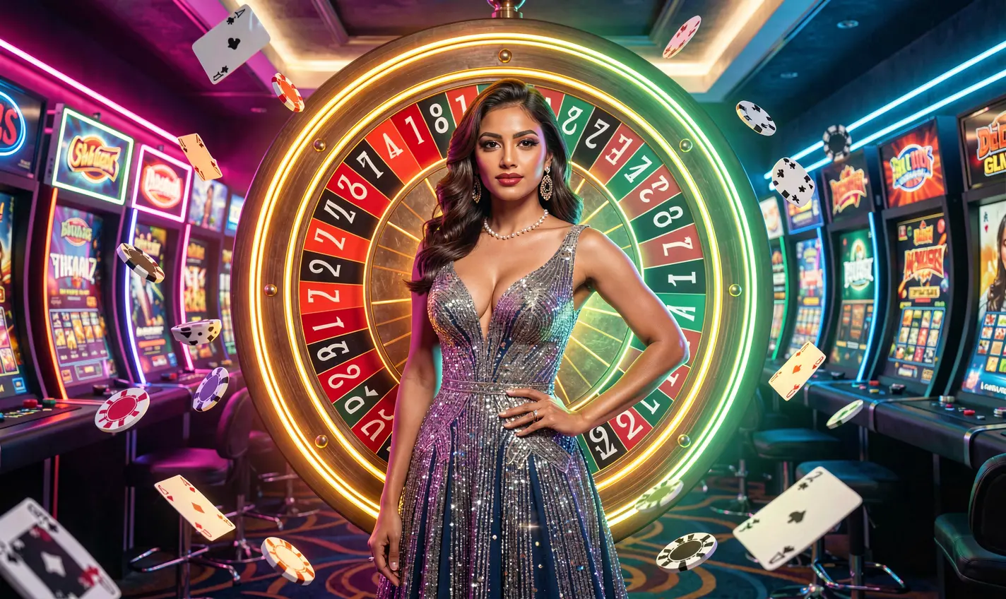 A glamorous casino hostess in a sparkling dress standing before a glowing roulette wheel with flying chips representing the luxury gaming atmosphere of KASH777 casino in Bangladesh