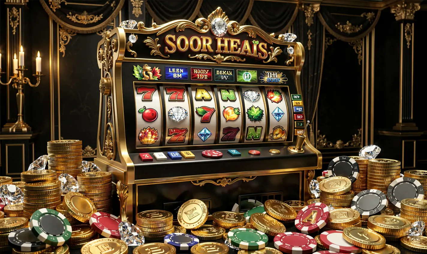 Luxury slot machine with golden details and flying coins representing the premium online casino experience at KASH777 Bangladesh